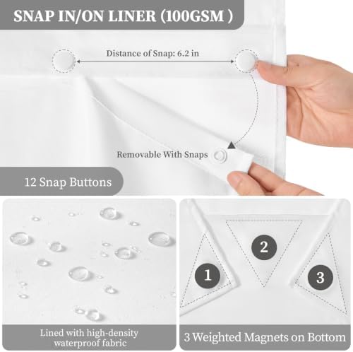 BTTN 72x87 Ringless Linen Textured Shower Curtain with Snap in Liner, White