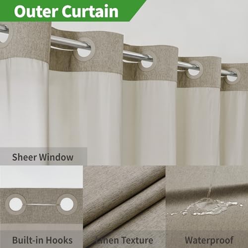 eachope No Hook Fabric Shower Curtain with Snap-in Liner,54x80 Khaki/Tan