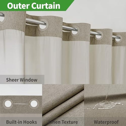 eachope No Hook Fabric Shower Curtain with Snap-in Liner,54x80 Khaki/Tan