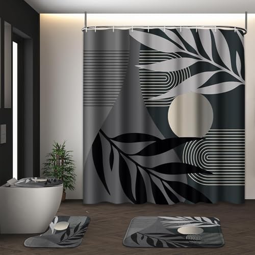 Bathroom Set with Shower Curtain and Rug 4 Pcs Mid Century Abstract