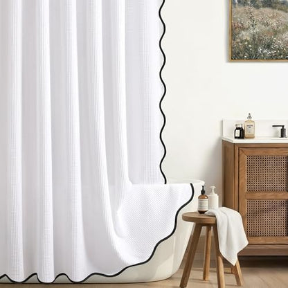 Extra Long Waffle Scalloped Shower Curtain Cotton Fabric White 72Wx84L