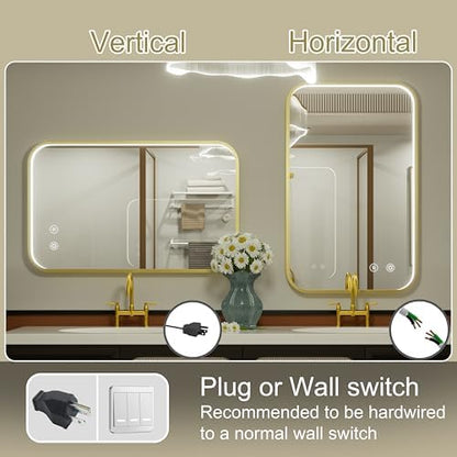 24x36 Inch Gold LED Bathroom Mirror with Lights,3000K/4500K/6000K