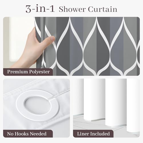Yiatn Gray Blue No Hook Shower Curtain with Snap-in Liner, 71 x 74 Inch