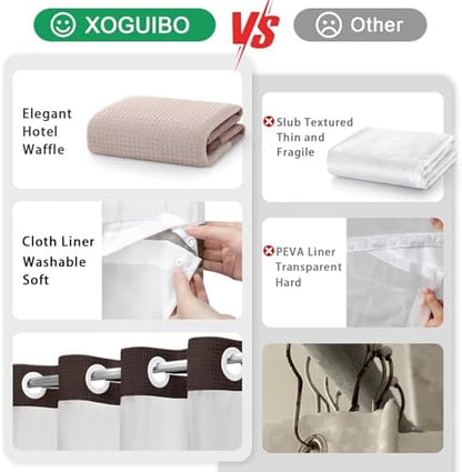 No Hook Shower Curtain with Liner Set Hotel Waffle Brown Striped 72W X 75L