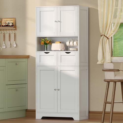 TEENFON Tall Bathroom Storage Cabinet with 4 Doors & 2 Adjustable Shelves