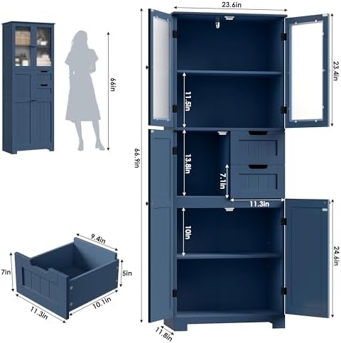 BOTLOG 67'' Tall Bathroom Storage Cabinet, Linen Cabinet with Glass Doors and Adjustable Shelves, Kitchen Pantry with 2 Drawers for Bathroom, Living Room, Dining Room, Blue