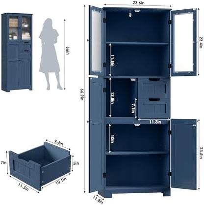 BOTLOG 67'' Tall Bathroom Storage Cabinet, Linen Cabinet with Glass Doors and Adjustable Shelves, Kitchen Pantry with 2 Drawers for Bathroom, Living Room, Dining Room, Blue