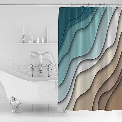 Shower Curtain Bathroom Set Teal Stripes Gradient Water Ripple Waterproof Shower Curtains with Grommets Hooks Brown Abstract Geometric Modern Art Privacy Bath Curtain for Bathtub Decor 72x78in
