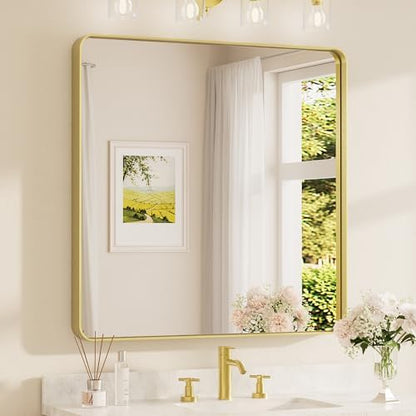 TETOTE 36 x 36 Inch Gold Mirror for Bathroom, Brushed Brass Wall Mirrors Metal Frame Square Modern Shatterproof Decorative Vanity Mirror for Living Room Entryway