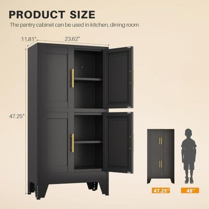 winiowa 47" Tall Kitchen Pantry Cabinet, Metal Storage Cabinet with Doors and Adjustable Shelves, Black Freestanding Pantry Cabinet for Kitchen, Dining Room, Living Room, Laundry Room, Bathroom