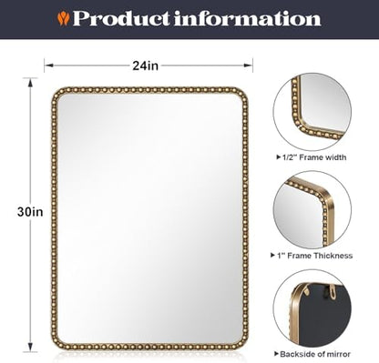 24"x30" Champagne Bronze Mirror for Bathroom, Champagne Bronze Vanity Mirror with Beaded Frame, Vintage Brass Gold Beaded Mirrors for Ornate Bedroom