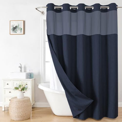 eachope No Hook Fabric Shower Curtain with Snap-in Liner,71x86 Navy Blue