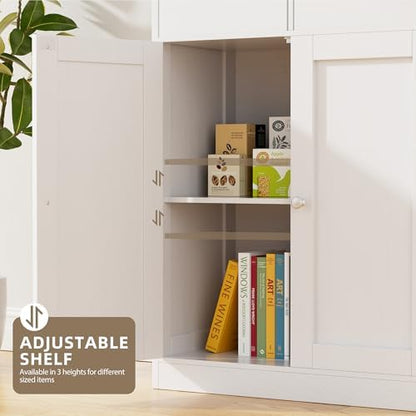 Walsunny Floor Storage Cabinet, Organizer with Doors and Drawers, Freestanding Side Cupboard Pantry with Adjustable Shelf for Bathroom/Living Room, White