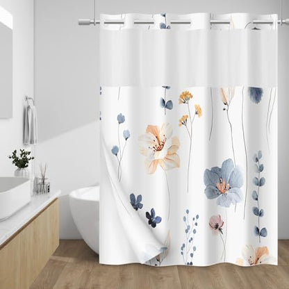 WITHLOC No Hook Floral Shower Curtain with Liner, Blue Beige, 71x77