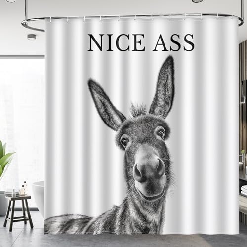 Funny Donkey Nice Ass Shower Curtain Gag Gift Farmhouse Decor Animal Black and White Novelty Sarcastic Rustic Bathroom Bath Decor Bathtub Curtain Fabric Shower Curtain Set with 12 Hooks, 72"x72"