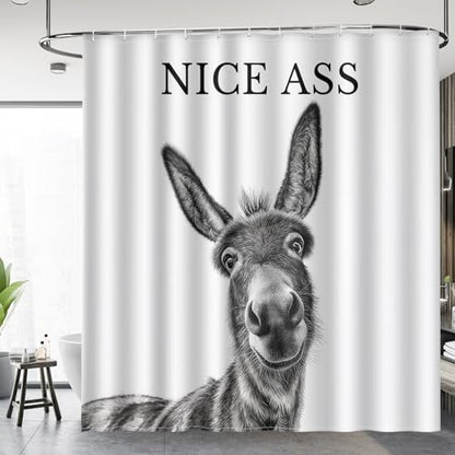 Funny Donkey Nice Ass Shower Curtain Gag Gift Farmhouse Decor Animal Black and White Novelty Sarcastic Rustic Bathroom Bath Decor Bathtub Curtain Fabric Shower Curtain Set with 12 Hooks, 72"x72"