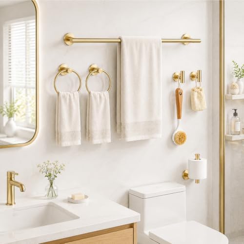 Brushed Gold Bathroom Accessories Set, 6 Pieces Gold Towel Bar Bathroom Hardware Set, 24 Inch Towel Racks for Bathroom, SUS304 Stainless Steel Bathroom Towel Holder Toilet Paper Holder Wall Mounted