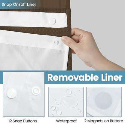 EUTXL Heavyweight Waffle No Hook Shower Curtain with Liner, Brown, 71x74