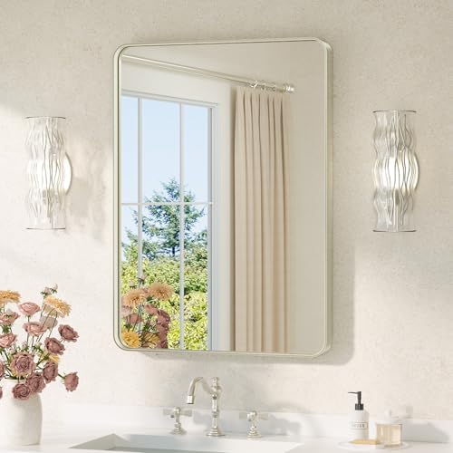 TETOTE Brushed Nickel Mirror 22 x 30 Brushed Nickel Metal Framed Bathroom Mirror, Tempered Glass, Modern Farmhouse Wall Mounted Mirror for Decorative(Horizontal/Vertical)