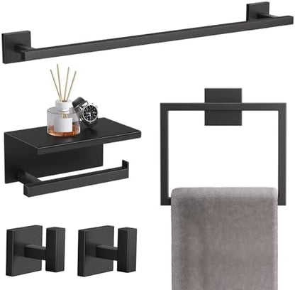 TQKAG 5-Pieces Matte Black Bathroom Hardware Accessories Set 23.6" SUS304 Stainless Steel Towel Bar Set Wall Mounted Square Toilet Paper Holder with Shelf