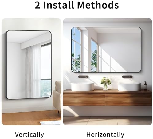 BONEWEI 55x36 inch Bathroom Mirror,Black Rectangle Mirror,Wall Mounted Bathroom Frame Vanity Mirror with Round Corner for Bedroom Living Room, Entryway Hangs Horizontal or Vertical