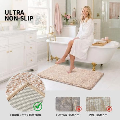 ILANGO Beige and White Bathroom Rugs 24" × 17" Small Non Slip & Super Absorbent Extra Thick Soft, Washable Bath Mat for Floor, Microfiber Plush Shaggy Bath Rug with Rubber for Bathtub Shower Room Sink