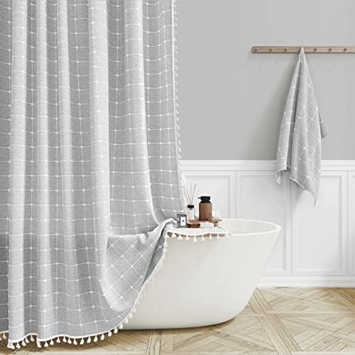 BTTN 60x72 Boho Farmhouse Linen Heavy Duty Shower Curtain Set, Gray/Grey