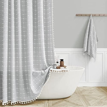 BTTN 60x72 Boho Farmhouse Linen Heavy Duty Shower Curtain Set, Gray/Grey