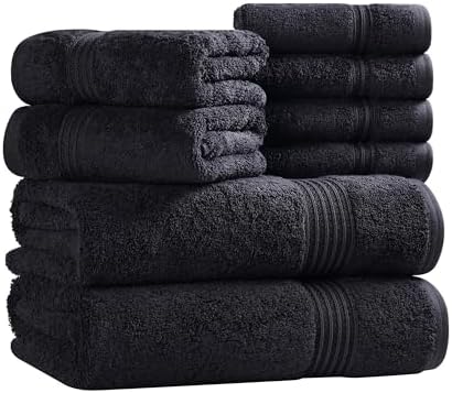 Superior Egyptian Cotton 8-Piece Towel Set, Assorted Towels for Home Bathroom, Guest Bath Decor Essentials, Includes 2 Bath, 4 Hand, 2 Face Towels/Washcloths, Quick Dry, Absorbent, Black