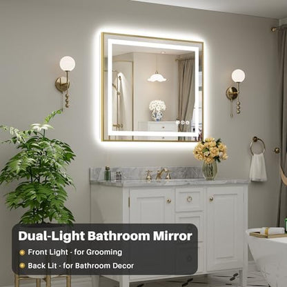 40x36 Inch LED Bathroom Mirror with Gold Frame, Backlit & Front Lit