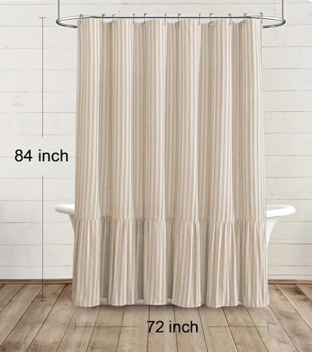 Farmhouse Shower Curtain Ruffle Linen Cream-Beige Stripe 72"W x 84"L