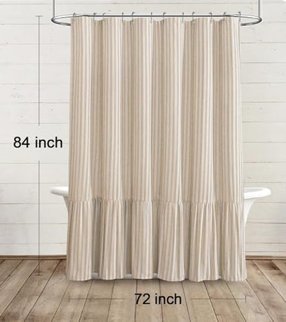 Farmhouse Shower Curtain Ruffle Linen Cream-Beige Stripe 72"W x 84"L