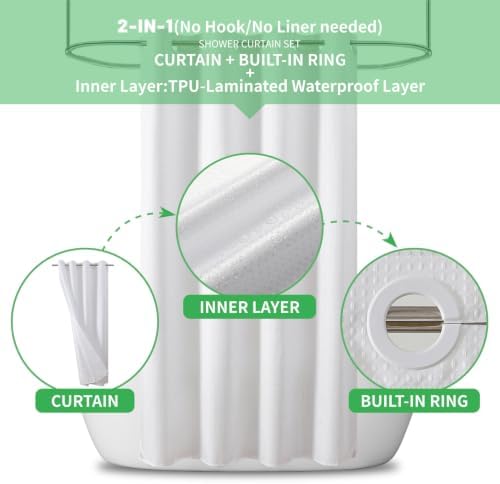 eachope No Hook Waffle Shower Curtain, No Liner Needed, 54x80 Inch, White