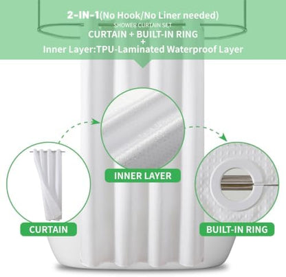 eachope No Hook Waffle Shower Curtain, No Liner Needed, 60x86 Inch, White