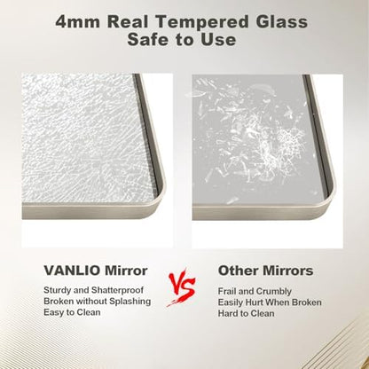 24x32 Inch Brushed Nickel Bathroom Mirror, Brushed Silver Metal Framed Wall Mirror, Rounded Corner Rectangle Modern Vanity Mirror, Tempered Glass, Anti-Rust, Shatterproof (Horizontal/Vertical)