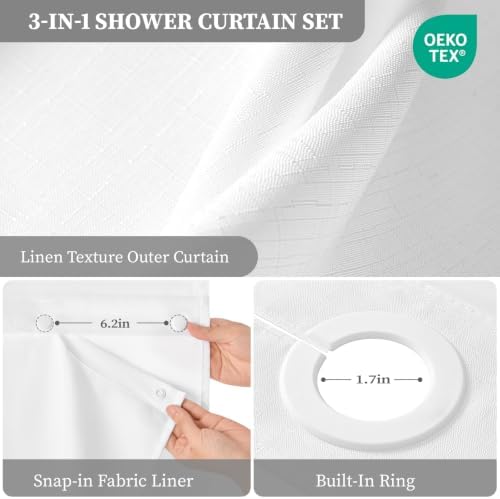 BTTN 72x87 Ringless Linen Textured Shower Curtain with Snap in Liner, White