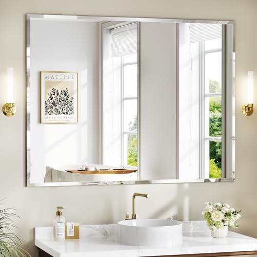 36"x48" Frameless Bathroom Mirror, Beveled Bathroom Vanity Mirror