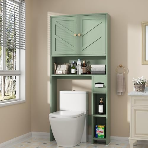 Shintenchi Over the Toilet Storage Cabinet, Bathroom Storage Cabient with Barn Doors, Bathroom Storage Shelf Organizer with Toilet Paper Holder, Adjustable Shelf and Anti-Tip Device, Green