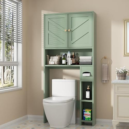 Shintenchi Over the Toilet Storage Cabinet, Bathroom Storage Cabient with Barn Doors, Bathroom Storage Shelf Organizer with Toilet Paper Holder, Adjustable Shelf and Anti-Tip Device, Green