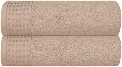 GLAMBURG 100% Cotton 2 Pack Oversized Bath Towel Set 28x55 Inches, Ultra Soft Highly Absorbant Compact Quickdry & Lightweight Large Bath Towels, Ideal for Gym Travel Camp Pool - Tan