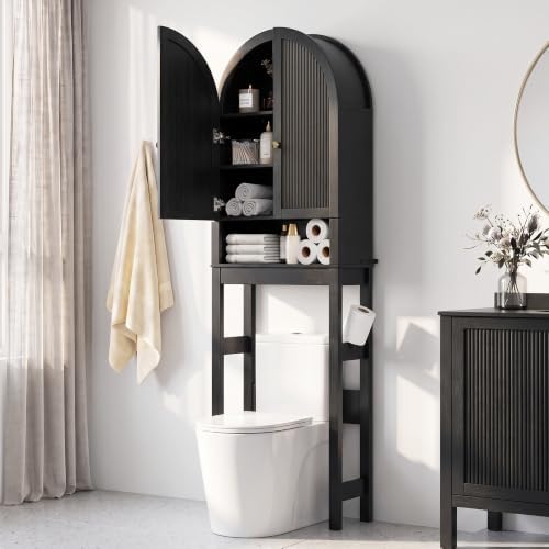 HMstone Over The Toilet Storage Cabinet, Arched Bathroom Organizer and Storage with Doors and Adjustable Shelf, Space-Saving Freestanding Bathroom Modern Storage Cabinet Over Toilet (Black)