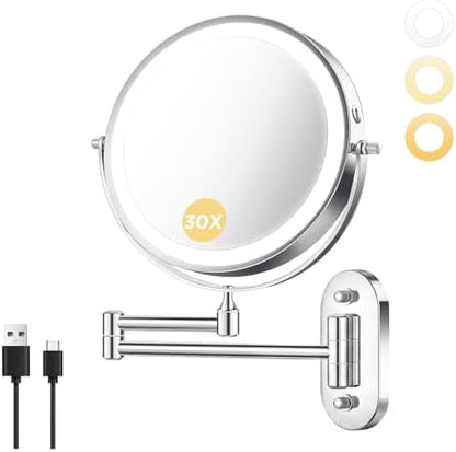 Wall Mounted Makeup Mirror, 8 Inch, 1X/30X, Rechargeable 4000mAh