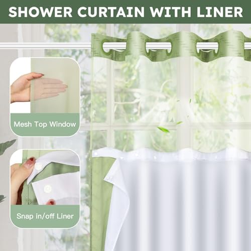 FADOTY Green No Hook Shower Curtain Set with Snap in Liner, 71'' x 86''