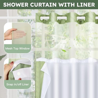 FADOTY Green No Hook Shower Curtain Set with Snap in Liner, 71'' x 86''