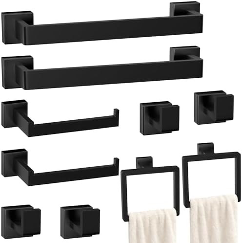 10-Pieces Matte Black Bathroom Accessories Set, 16 Inch Bath Towel Bar Set