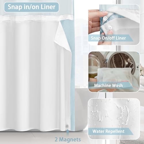 No Hook Shower Curtain with Liner Set Hotel Waffle Curtain Aqua 72W X 75L