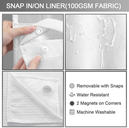 No Hook Shower Curtain with Liner Set Hotel Waffle Curtain White 72W X 75L