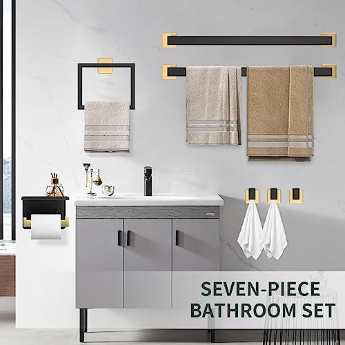 Dorudon Atrox 7-Piece Bathroom Set - Black & Gold Accessories Set - Square Towel Bar 2x23'', Hand Towel Rack, Toilet Paper Holder, 3x Towel Hook, Bathroom Hardware