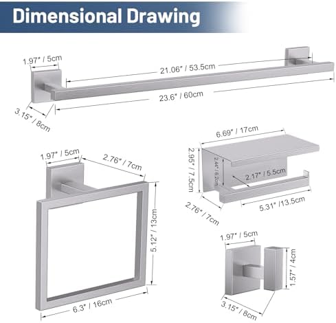 TURS 5-Pieces Brushed Nickel Bathroom Hardware Accessories Set 23.6" Towel Bar Set Wall Mounted Square Toilet Paper Holder with Shelf Stainless Steel