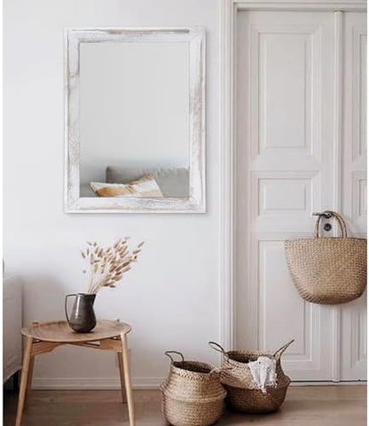 AAZZKANG Mirrors for Wall Rustic Wood Framed Hanging Mirror 26"x18" Decorative for Farmhouse Bedroom Bathroom Living Room Entryway Hallway White